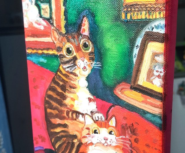 送料無料】ロシア 2匹の猫の絵 オリジナルアート キャンバスに描かれた