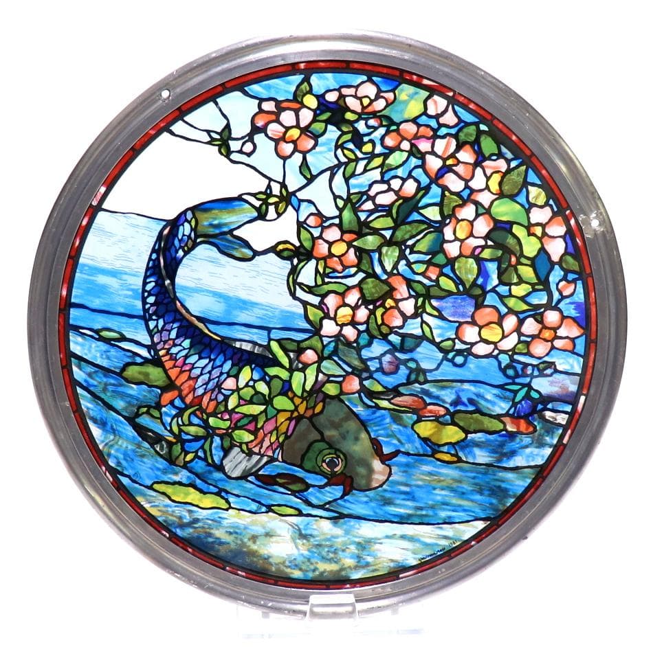 ジョン・ラファージ 丸型大型 ヴィンテージステンドグラス 花と鯉 ボストン美術館 ジョン・ラファージ 丸型大型 ヴィンテージステンドグラス 花と鯉